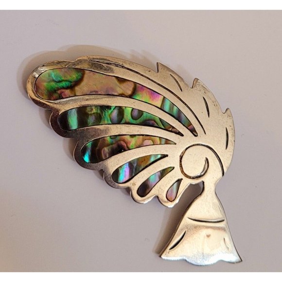 Vintage Taxco Aztec Feather Figural Abalone Brooch Pin 925 Sterling Silver 2" - Picture 6 of 8